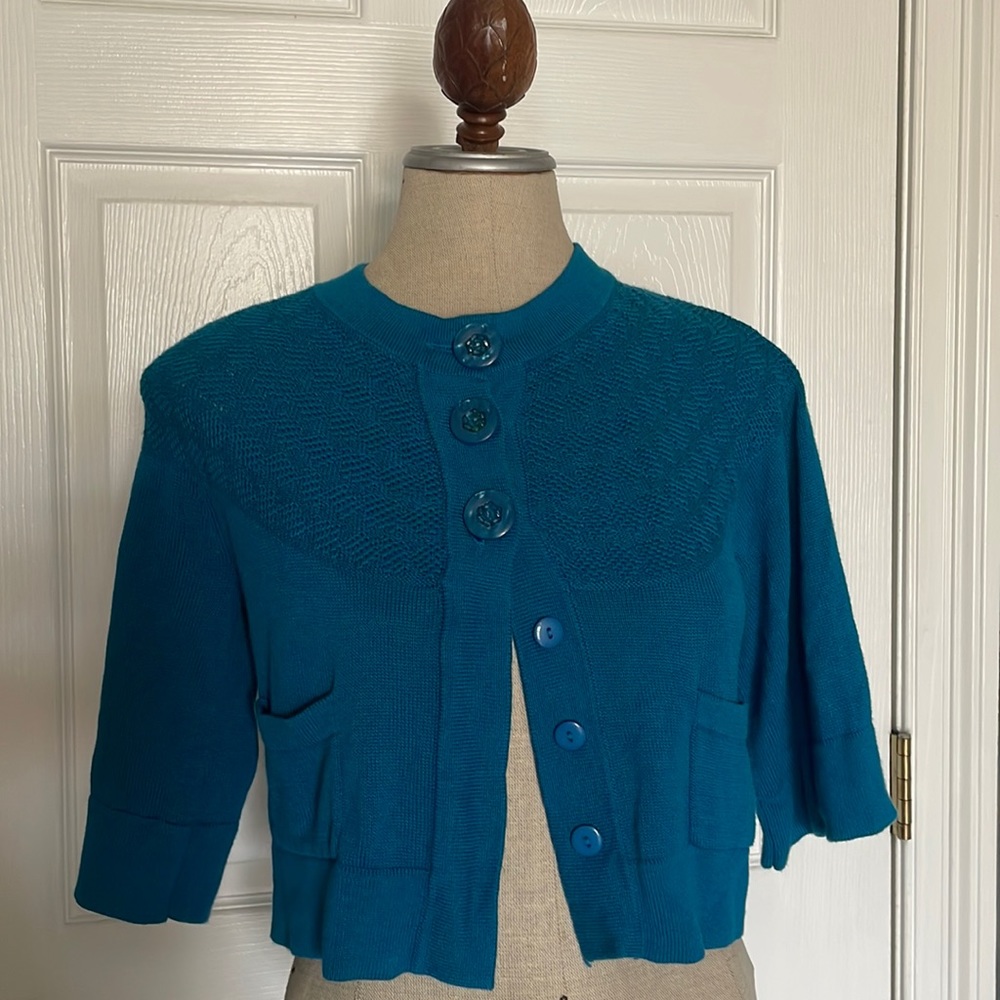 Fossil sweater crop cardigan buttons 3/4 sleeve teal cotton women’s size S